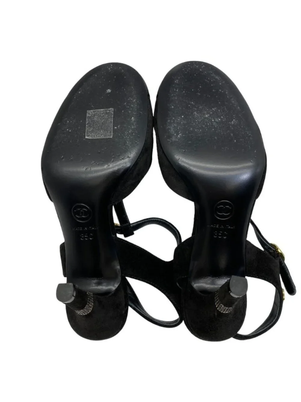 Chanel T Strap Pumps CC Logo Suede Leather Black Gold High Quality Daily